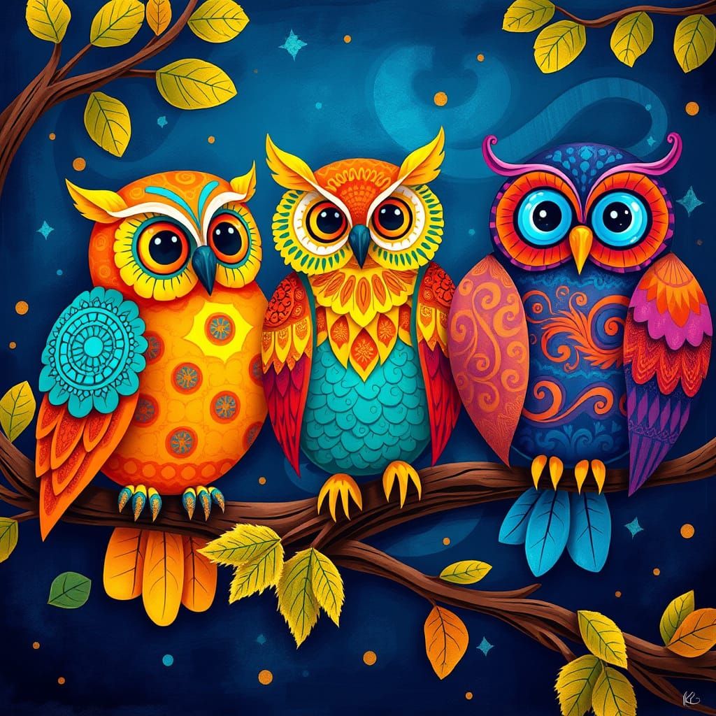 Whimsical Owls in Folk-Art Splendor