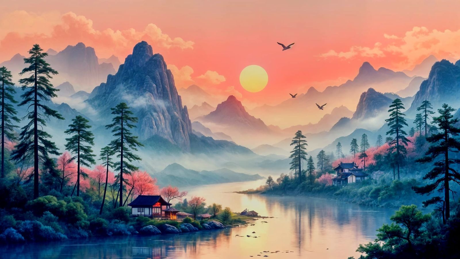 Misty Asian Landscape: Tranquil Valley at Sunset