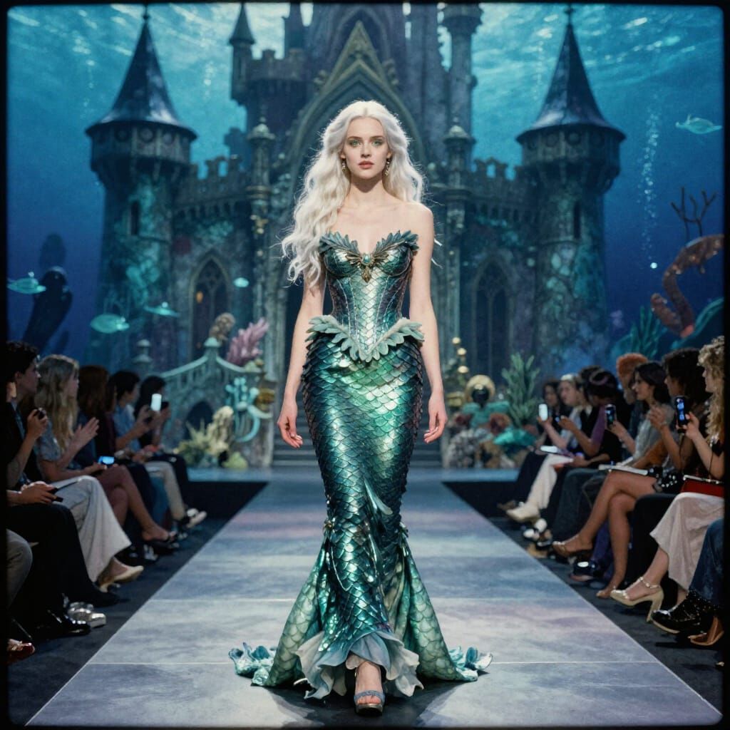 Mermaid Gown Model in Gothic Castle Underwater