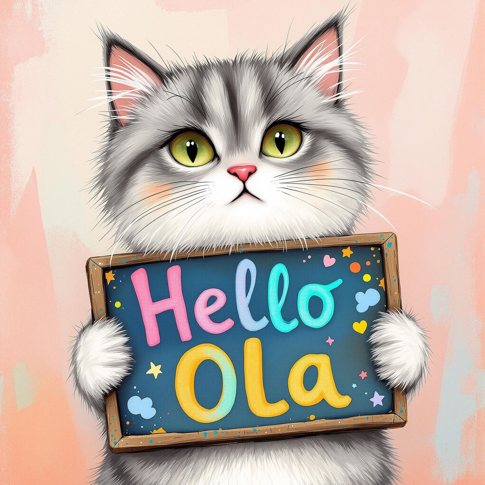 Whimsical Cat Holds Hand-Painted Sign in Pastel Paradise