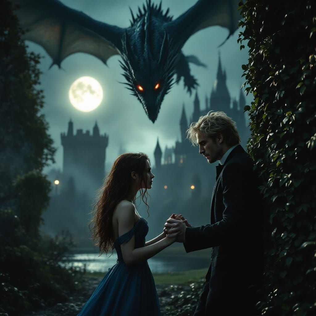 Dragon Soars Over Castle in Dark, Misty Landscape