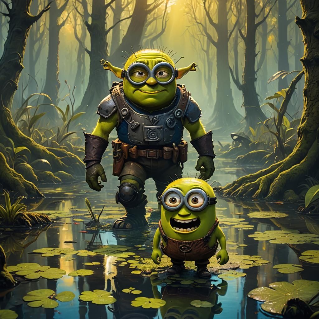 Shrek Minion Hybrid in Swamp, Fantasy Oil Painting