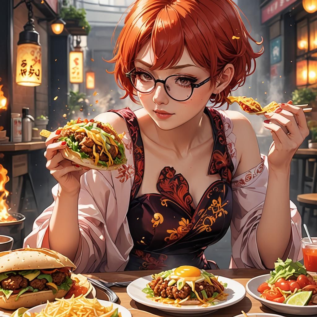 Anime Girl with Taco in Flaming Gown