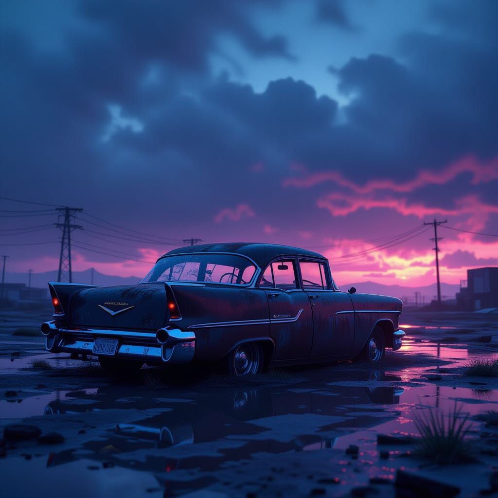 Rusted Car in Digital Wasteland