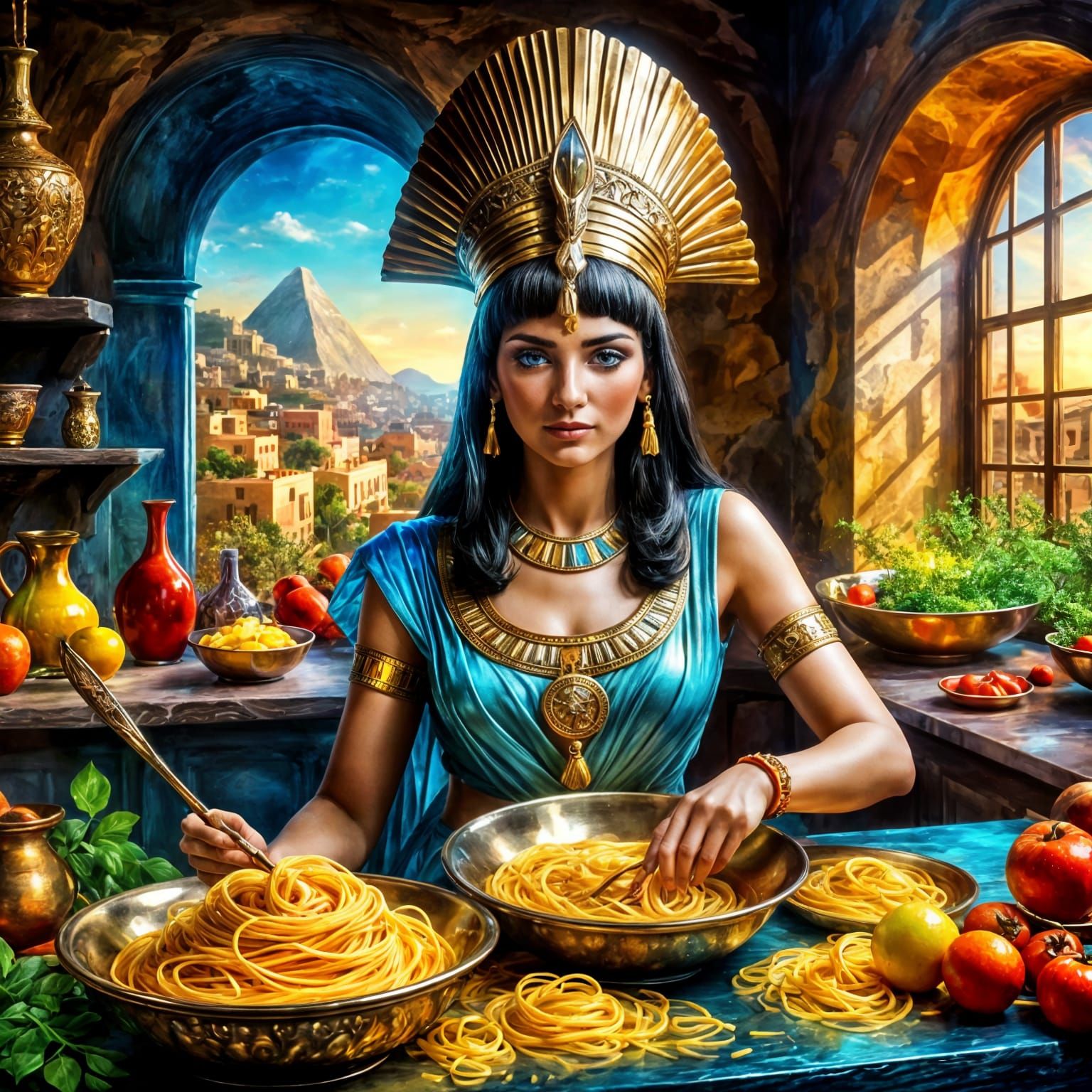 Cleopatra cooking pasta
