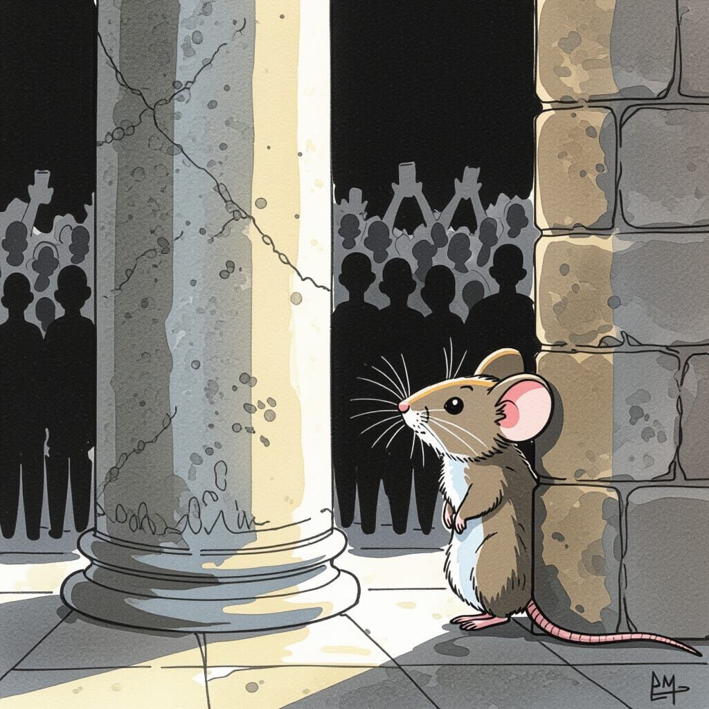 Shy Mouse Observes Crowd in Ink and Watercolour