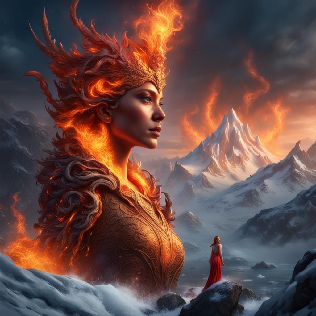 Pyrokinesis Goddess Rising from Fiery Ocean
