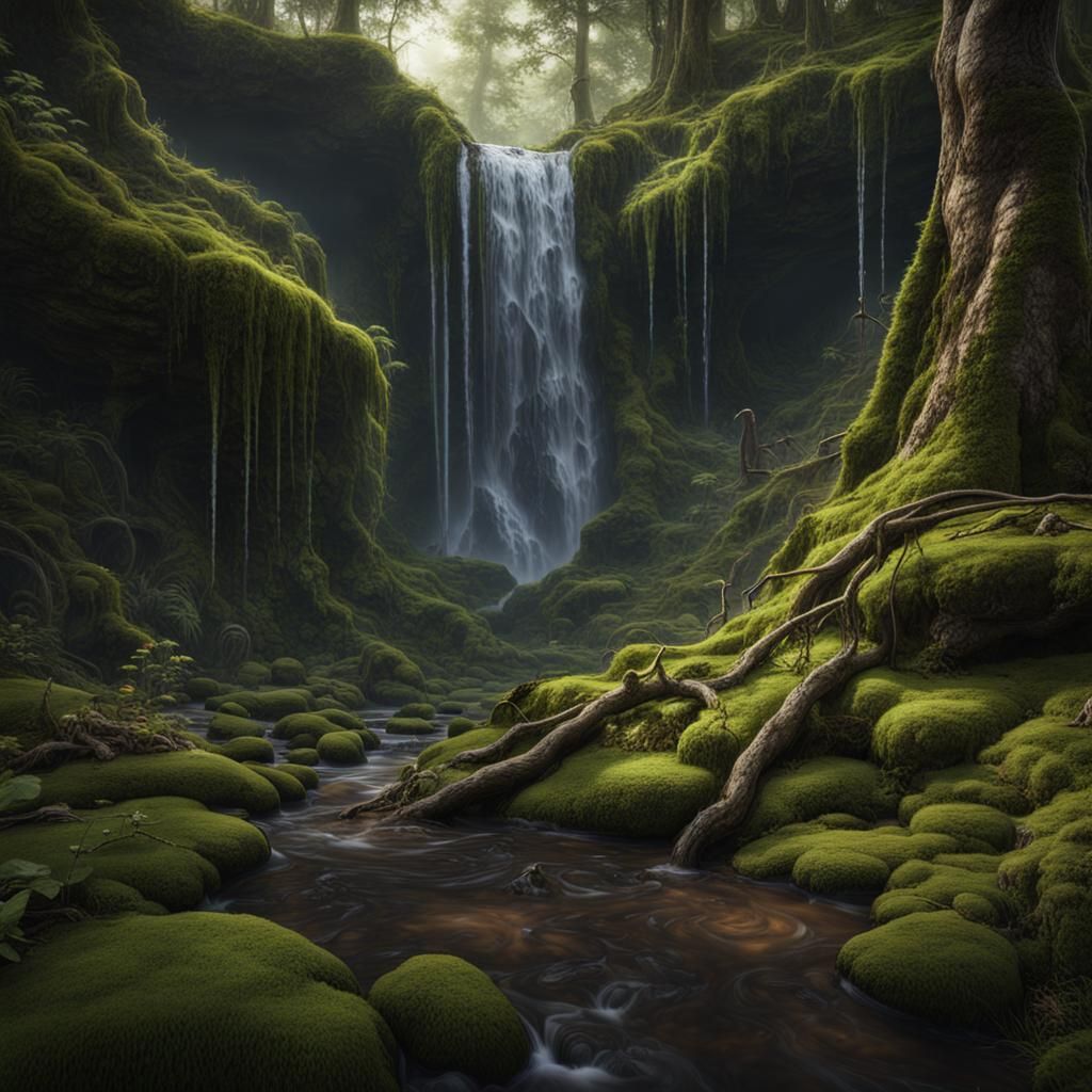 Lush Forest Waterfall in Fantasy Concept Art Style
