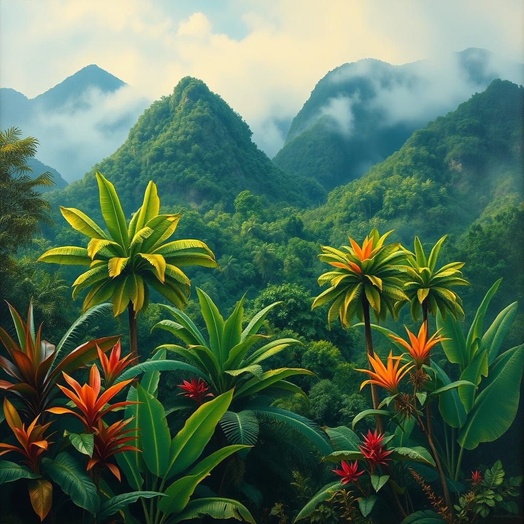 Tropical Mountain Scene in Vibrant Oil Painting Style