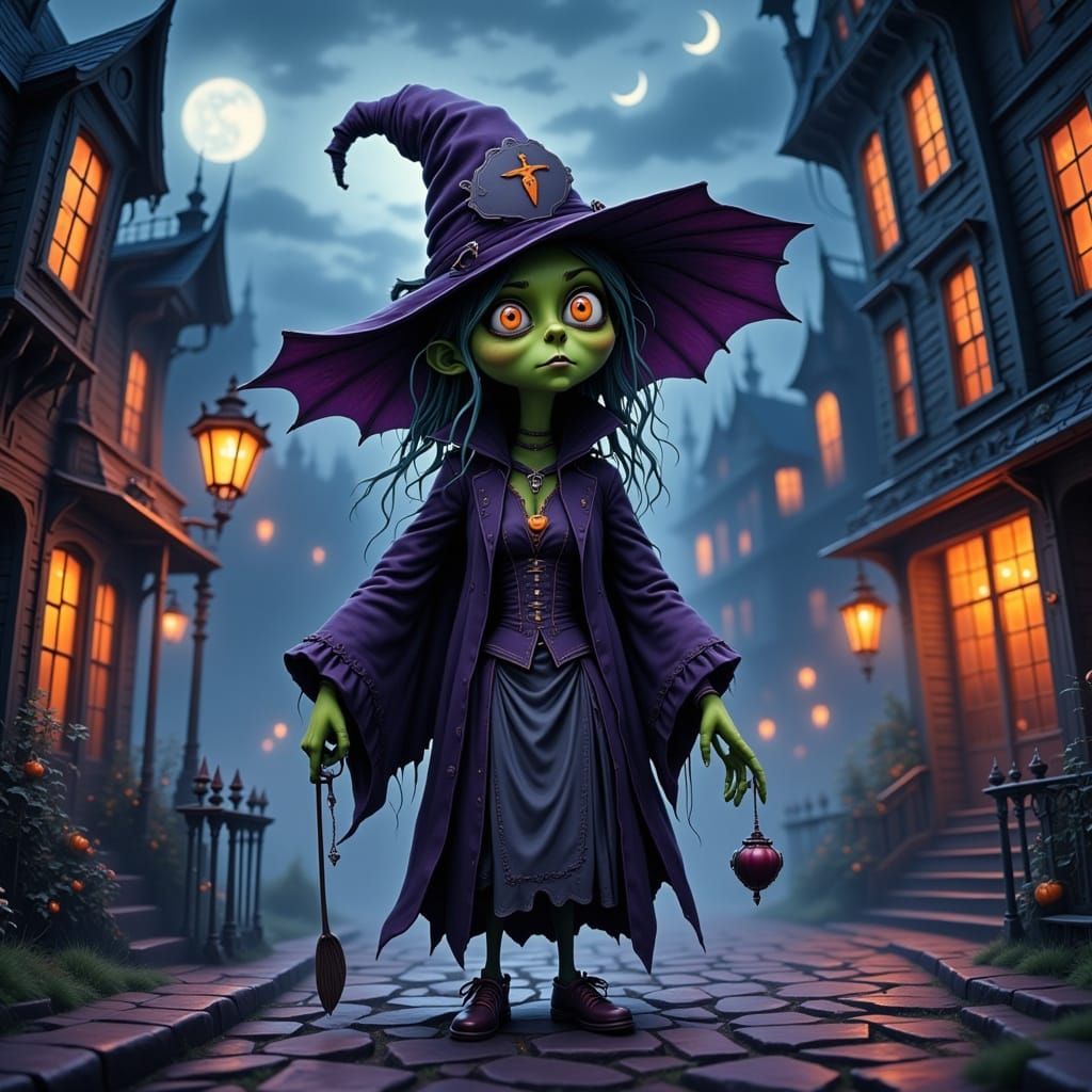 Wicked Green Witch in Nurse Costume on Moonlit Street