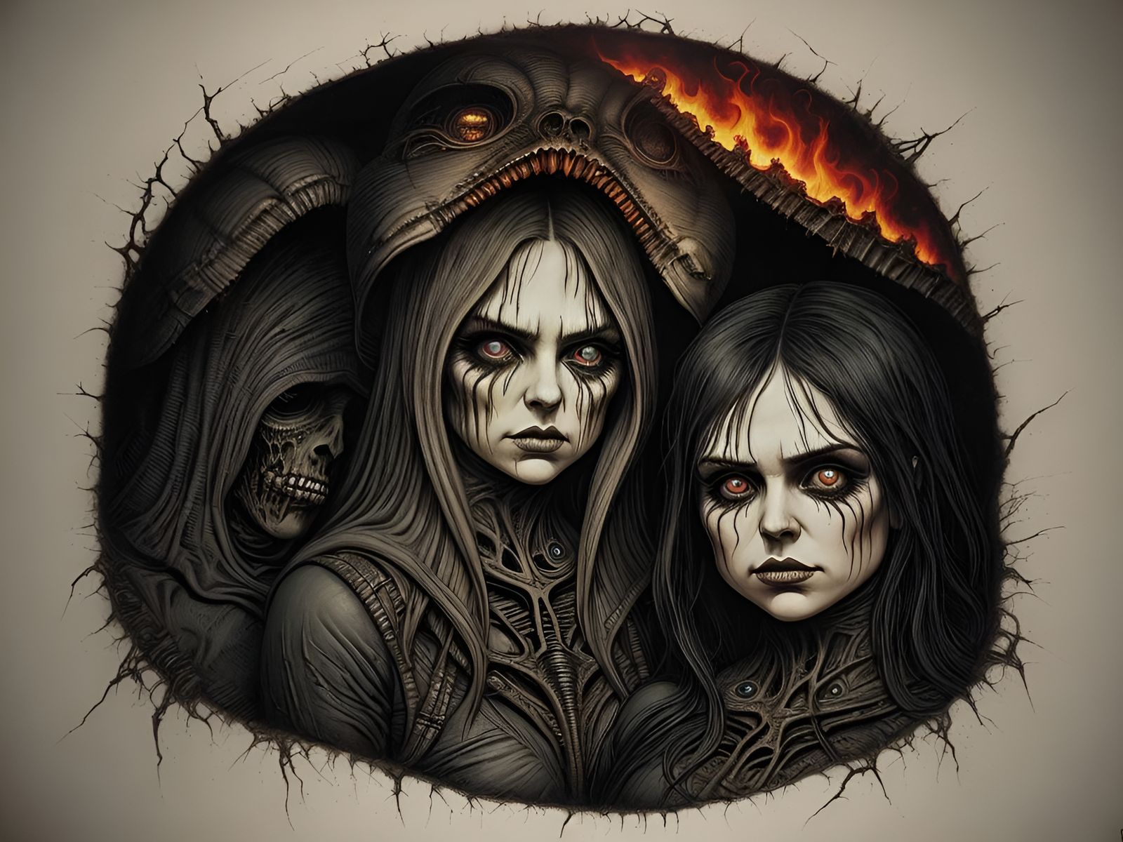 Surreal Faces Emerge from Fire in Gothic Airbrush Art
