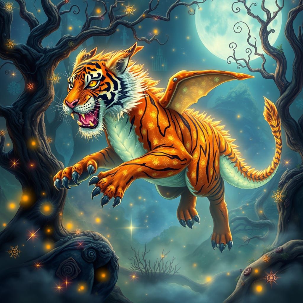 Mystical Tiger-Dragon Whimsy in a Dreamlike Forest