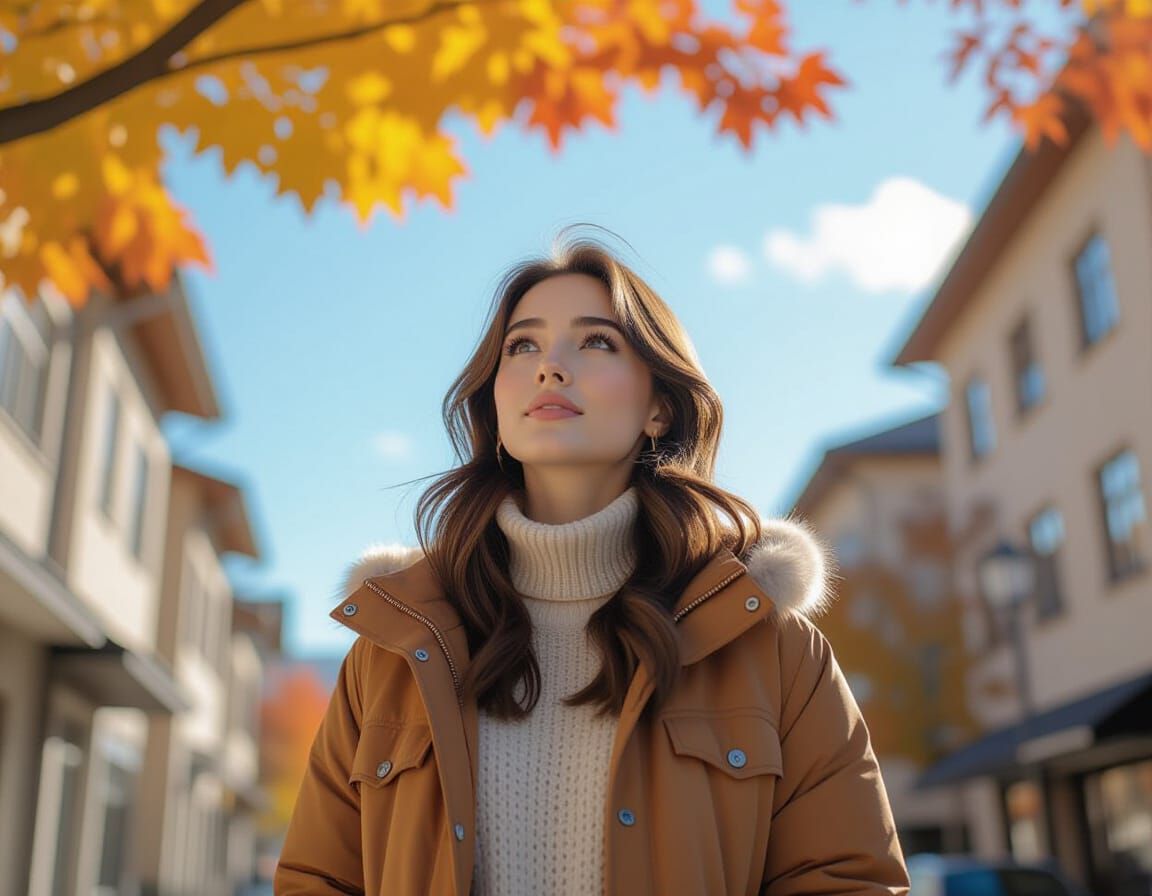 Young Woman Gazes at Blue Autumn Sky