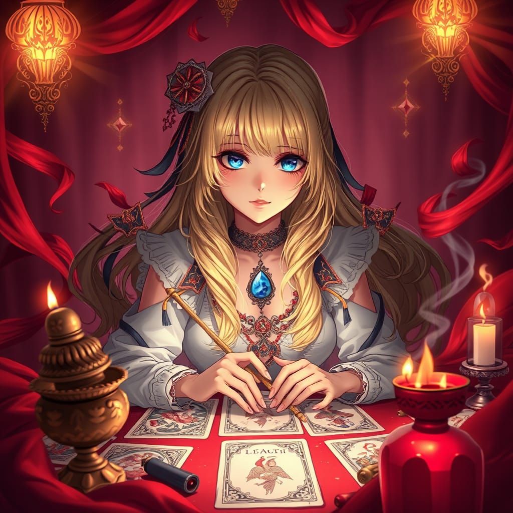 Mystical Tarot Reader in Anime Style with Phoenix Ribbons
