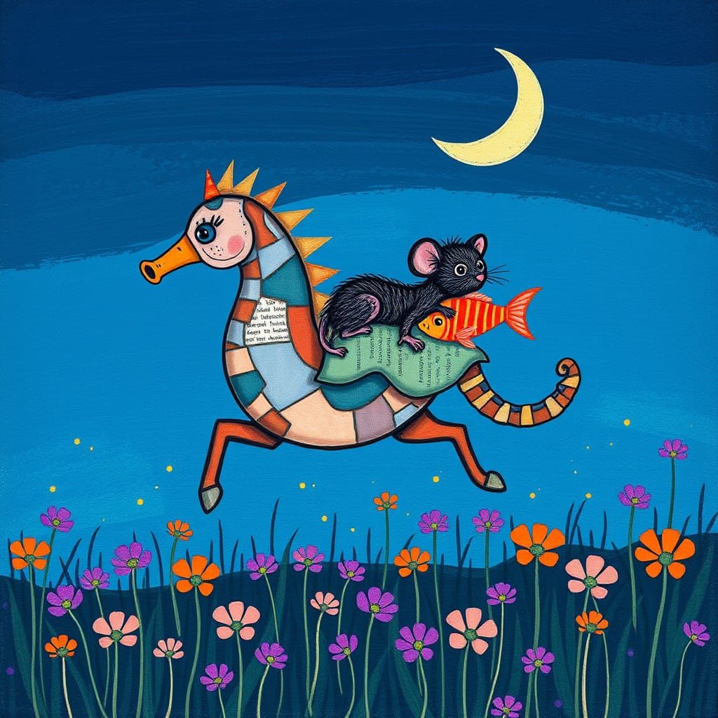 Whimsical Nighttime Scene with Seahorse and Mouse