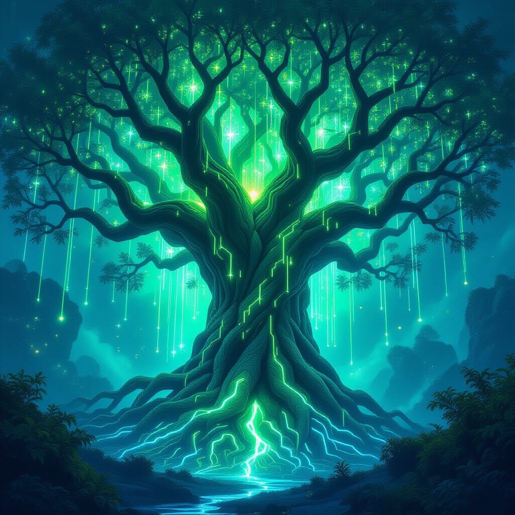 Ancient Code Tree With Pixel Leaves