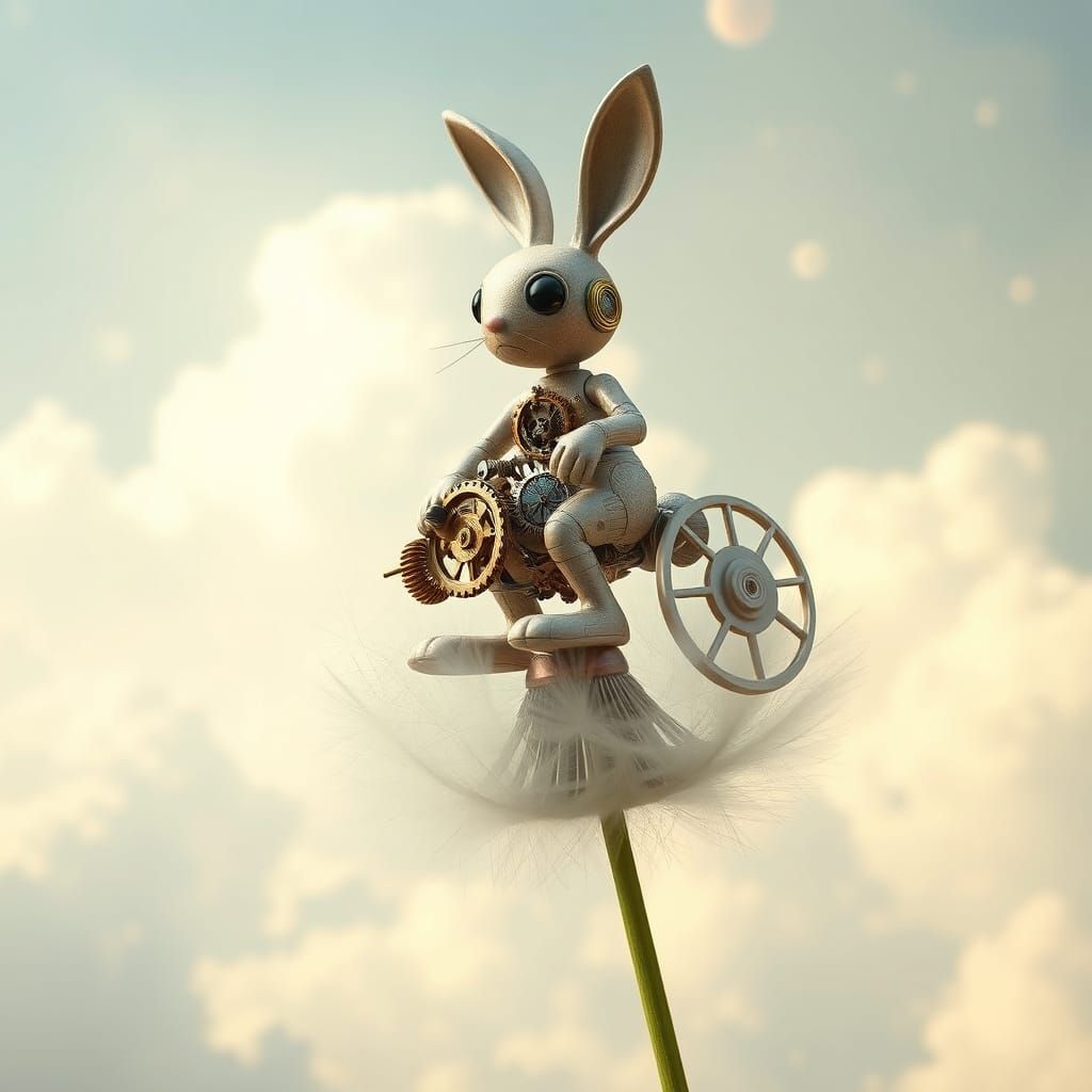 Clockwork Bunny on Dandelion Seed in Dreamlike Sky