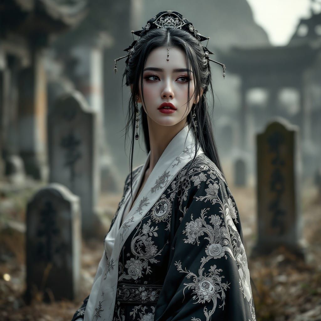 Grandmother Death in Joseon Hanbok, Dark Fantasy Concept Art