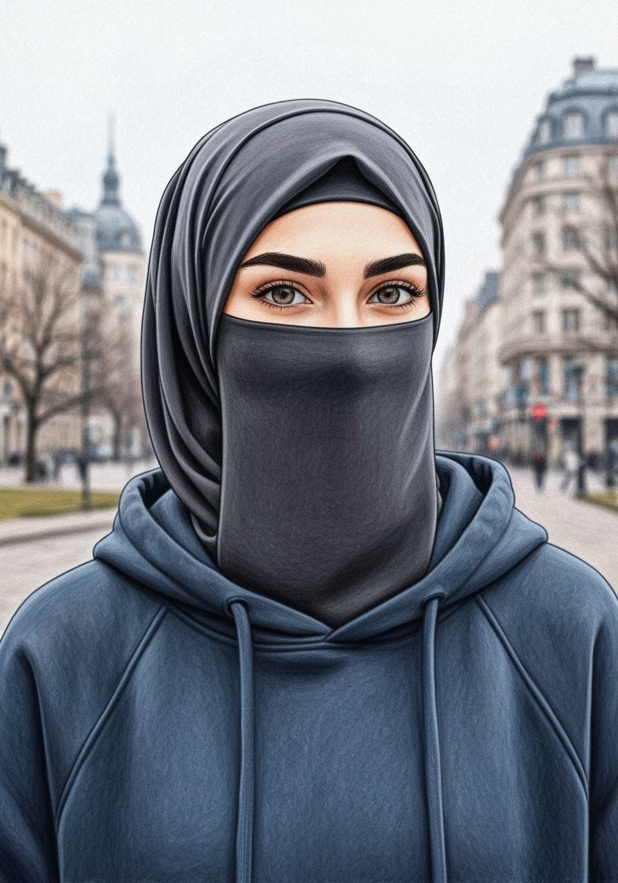 Elegant Hijabi Woman in Cozy Park, Color Pencil Painting