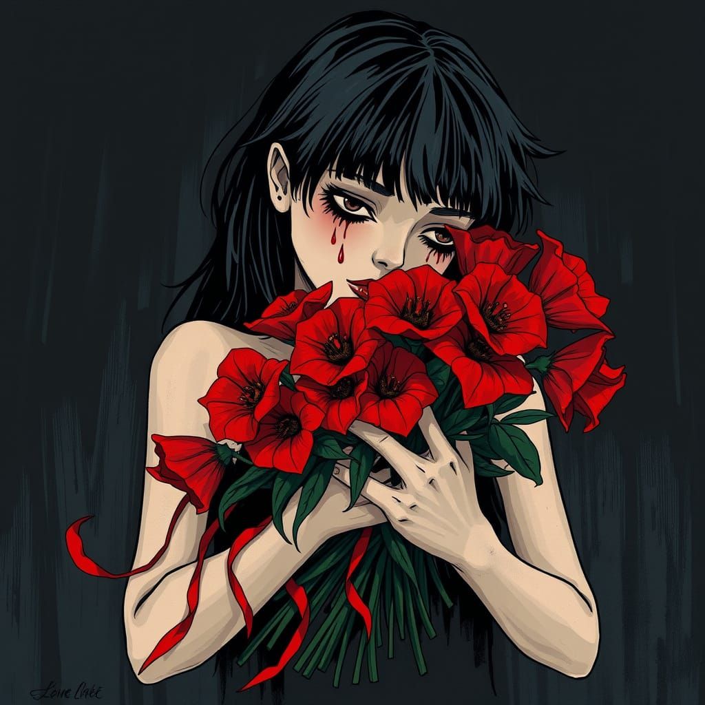Melancholic Goth Girl Cradles Bleeding Flowers in Nocturnal ...