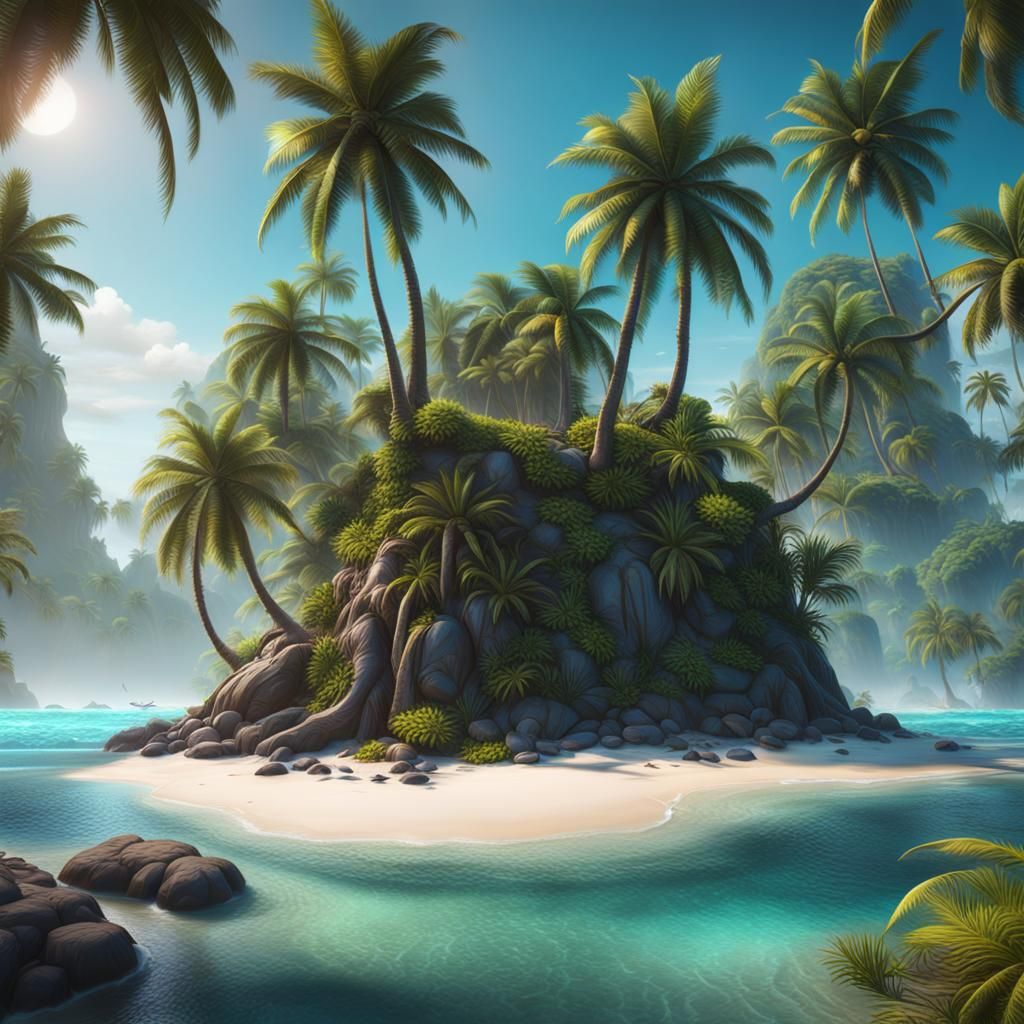 Vibrant Tropical Island Paradise in Detailed Matte Painting