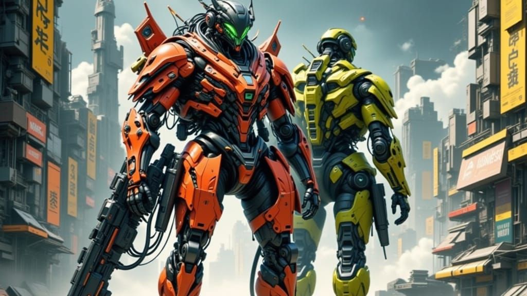 Cyborg Woman in Mechanical Battle Suit, Anime Style