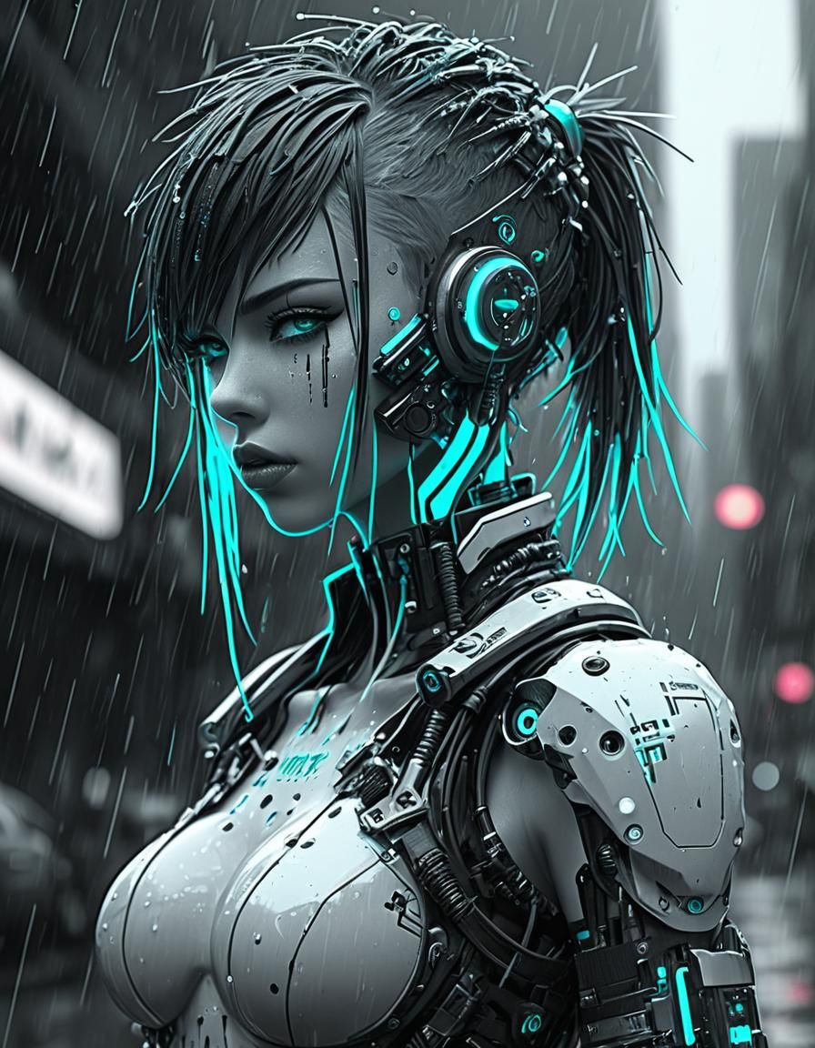 Cyberpunk Girl with Cybernetic Implants in Grayscale