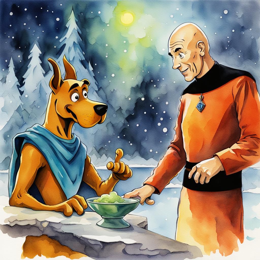 Scooby Doo and Picard in Watercolor
