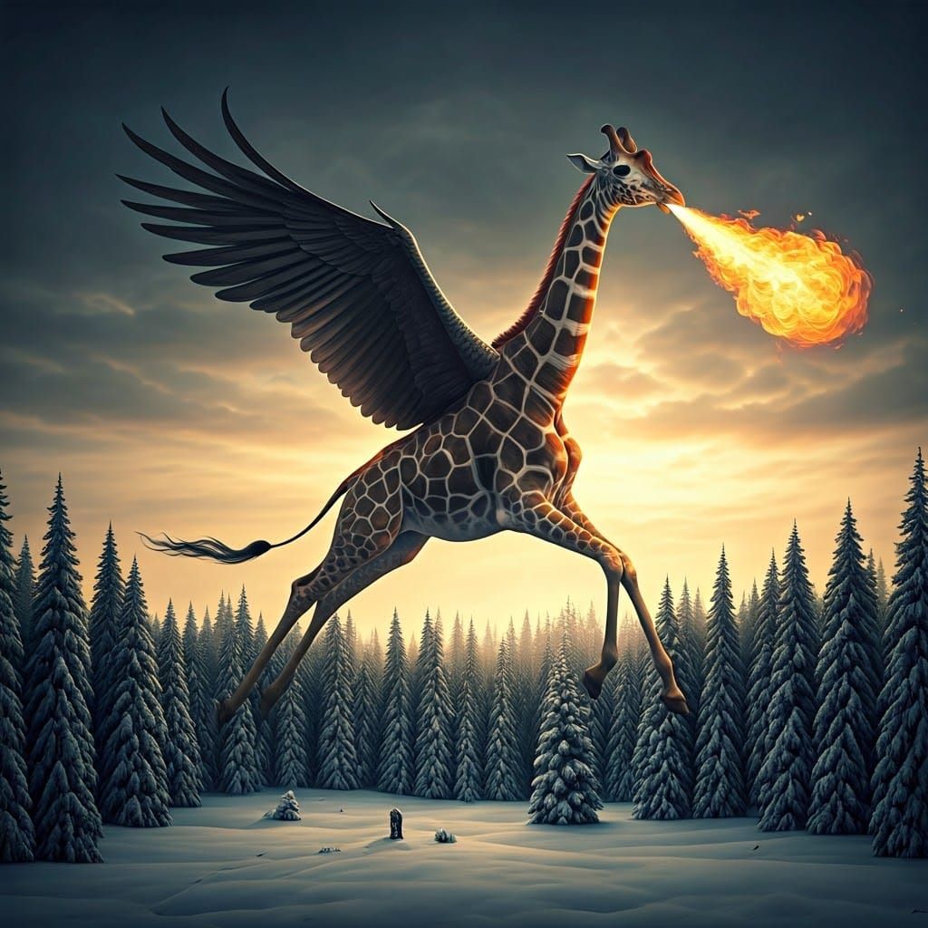 Dreamlike Giraffe Ascends with Fiery Breath Above Snowy Fore...