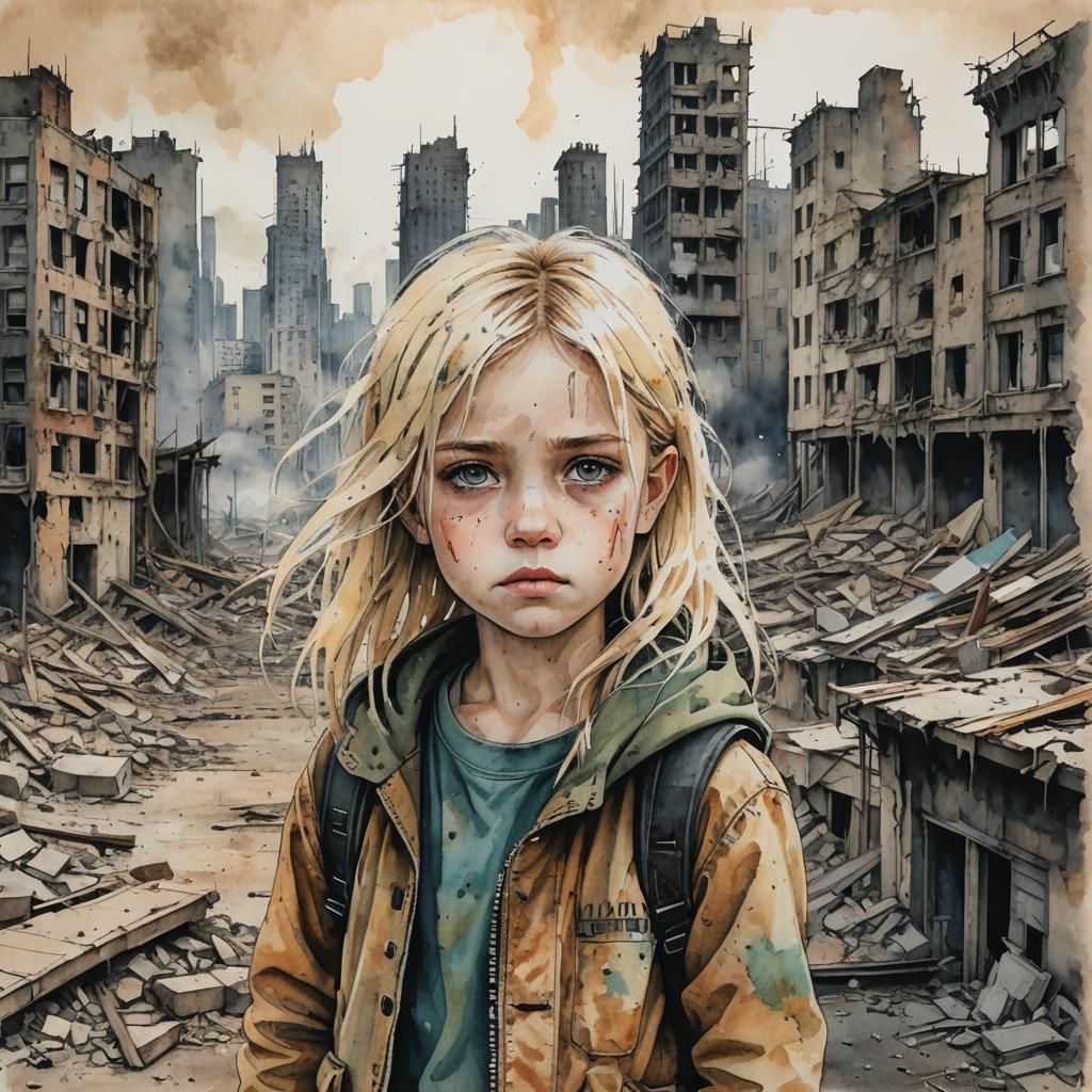 Post-Apocalyptic Girl in Watercolor Style