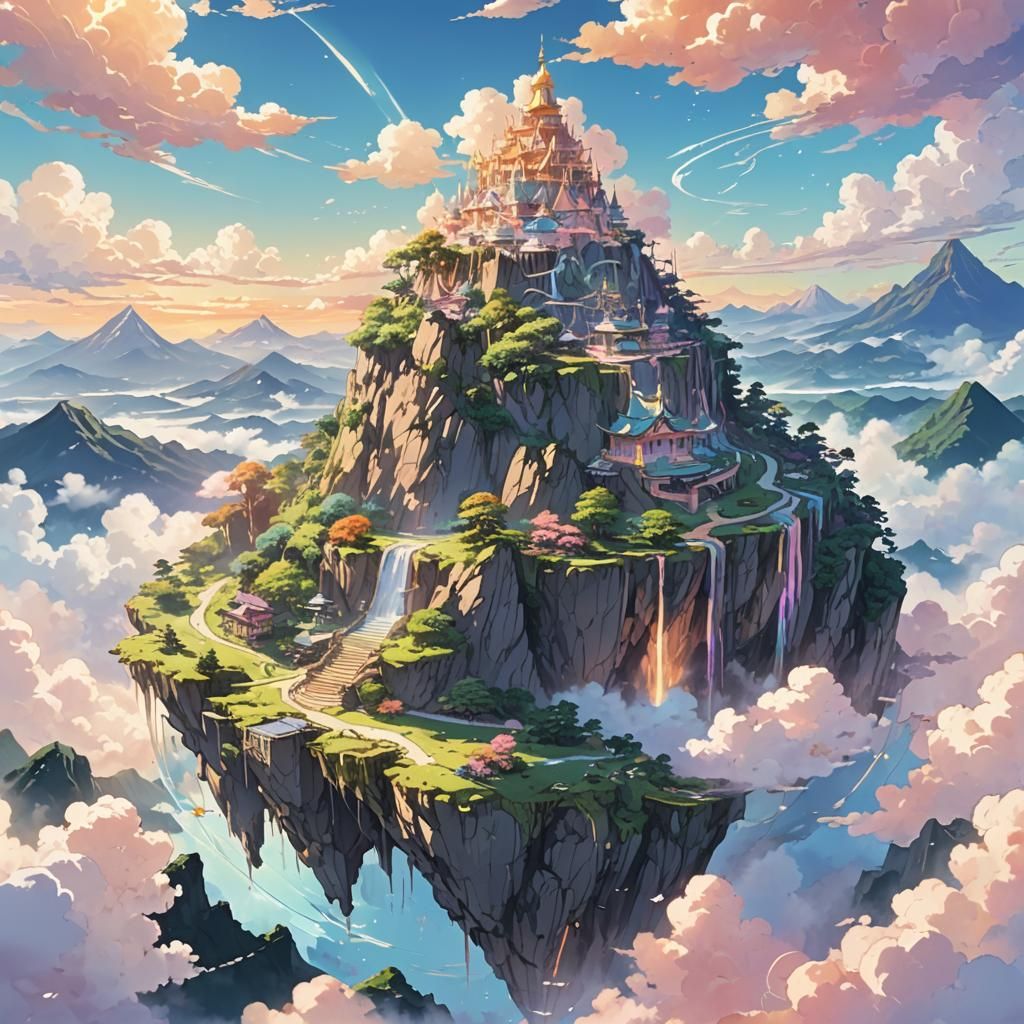 Floating Island Rises: Vibrant Anime Art