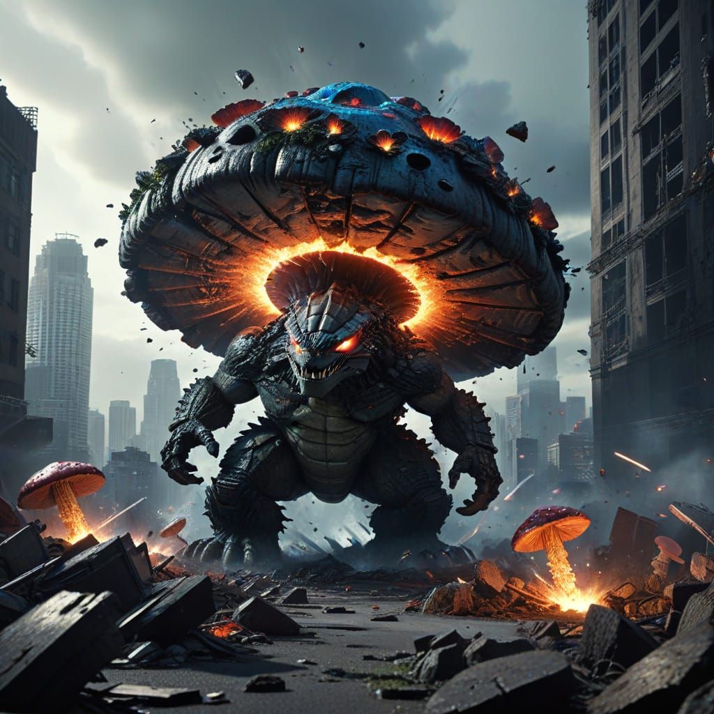 Mega mushroom man battles Godzilla