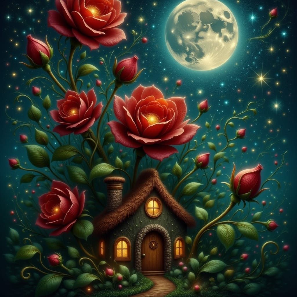 Whimsical Fairy Cottage in a Gigantic Rose Bush