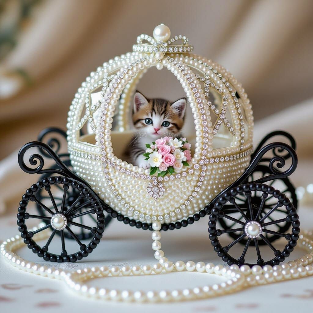 Luxurious Pearl Bridal Carriage with Kitten