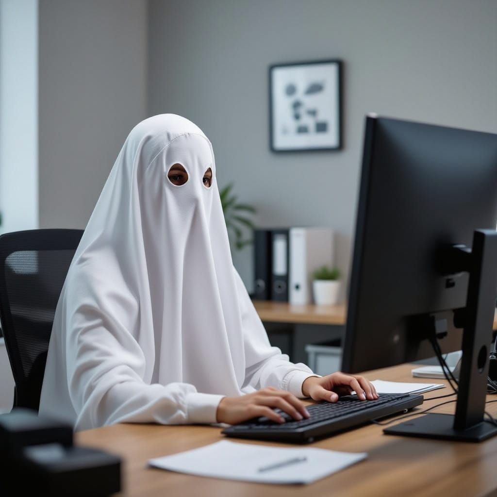 Secretary in Ghost Costume Works Computer in Office