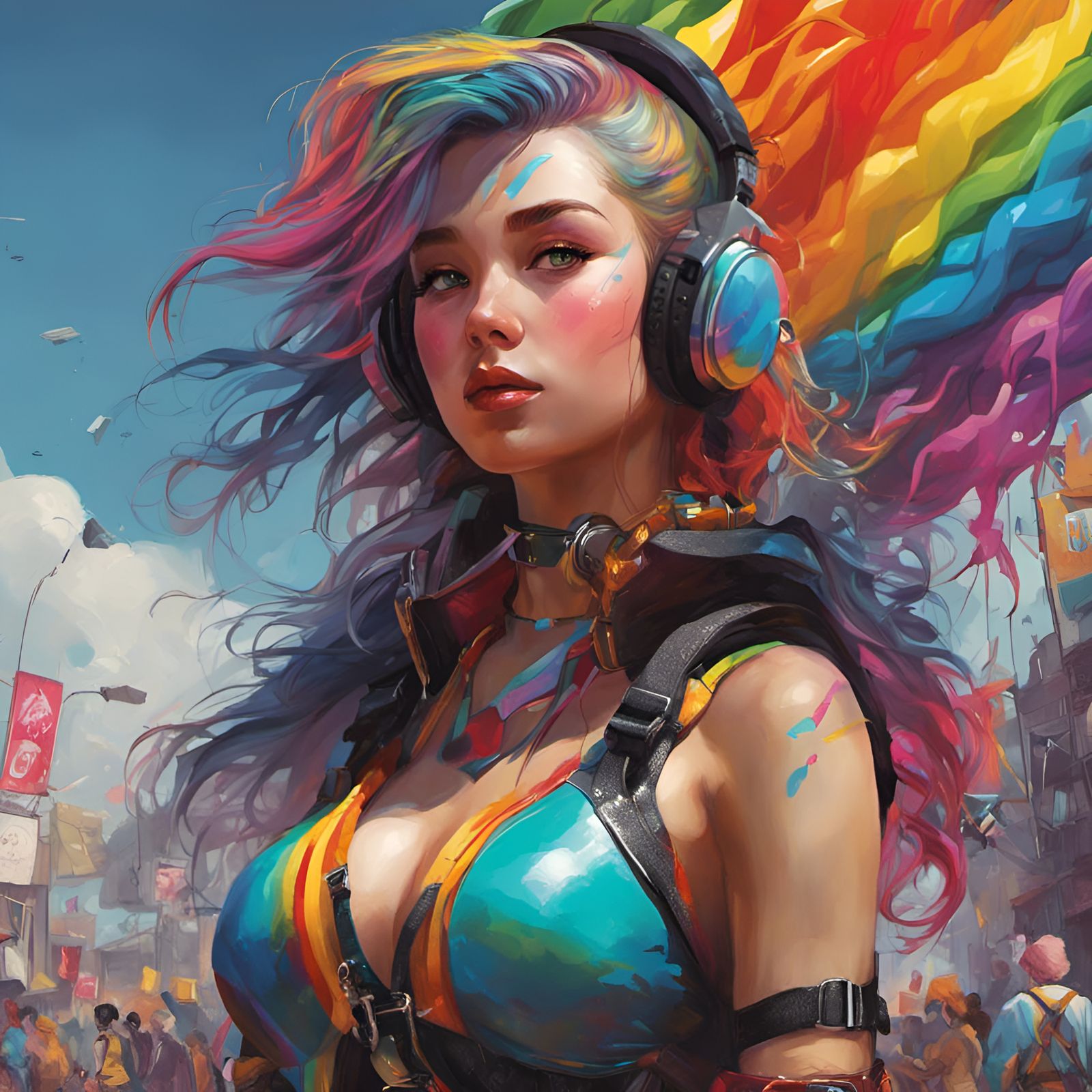 Girl in Rainbow Latex Harness: Hyperdetailed Digital Art
