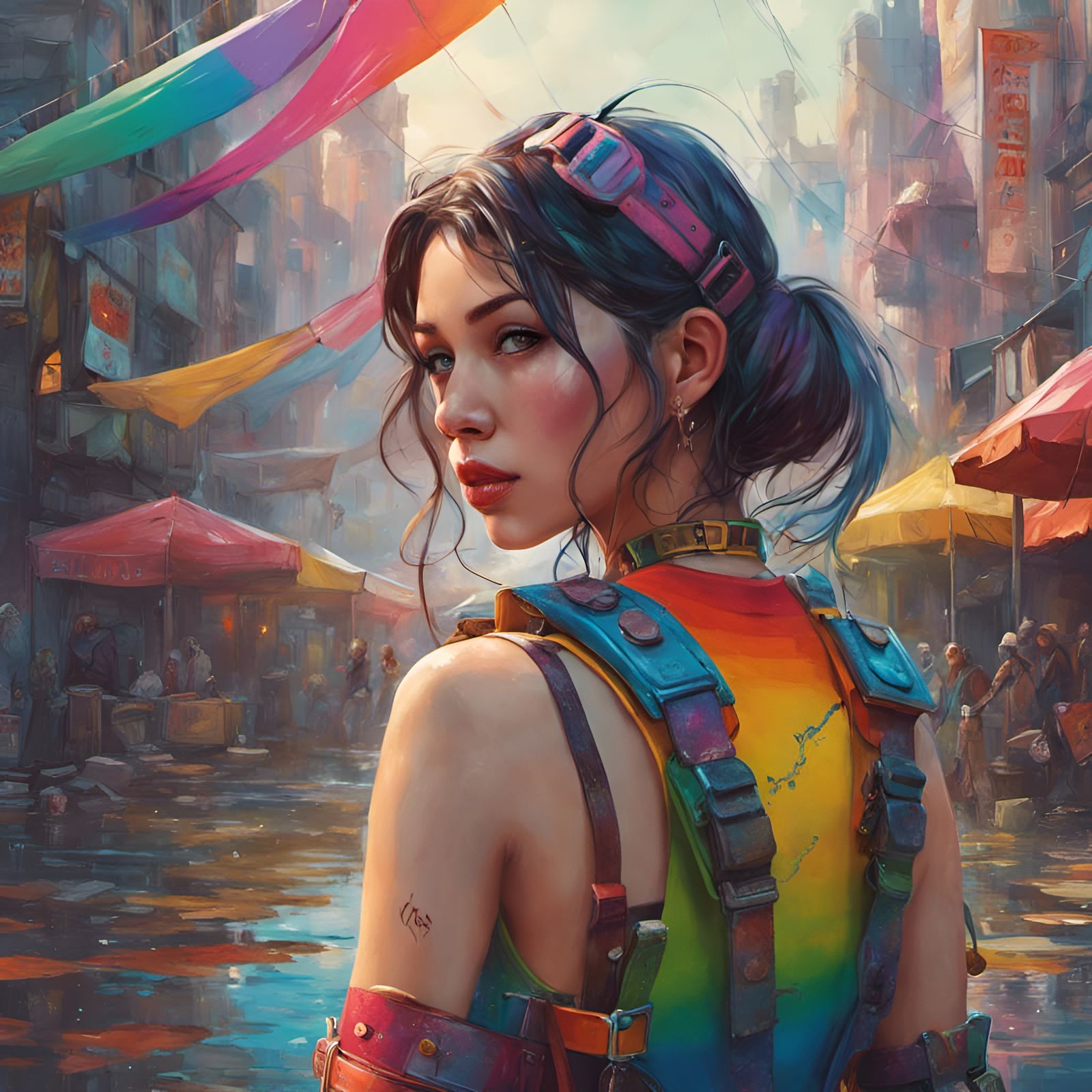 Girl in Rainbow Latex Harness: Hyperdetailed Fantasy Art