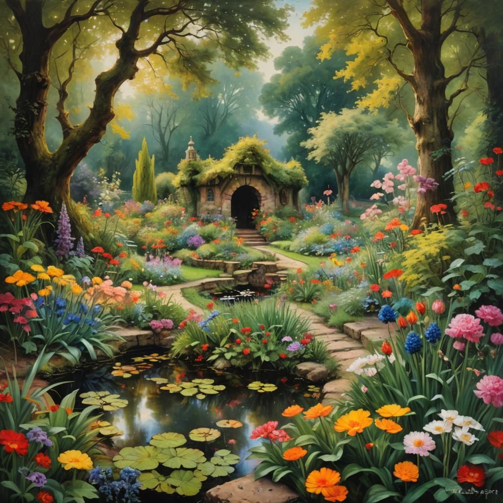 Fairies in a Multicolored Dutch Garden as Oil Painting