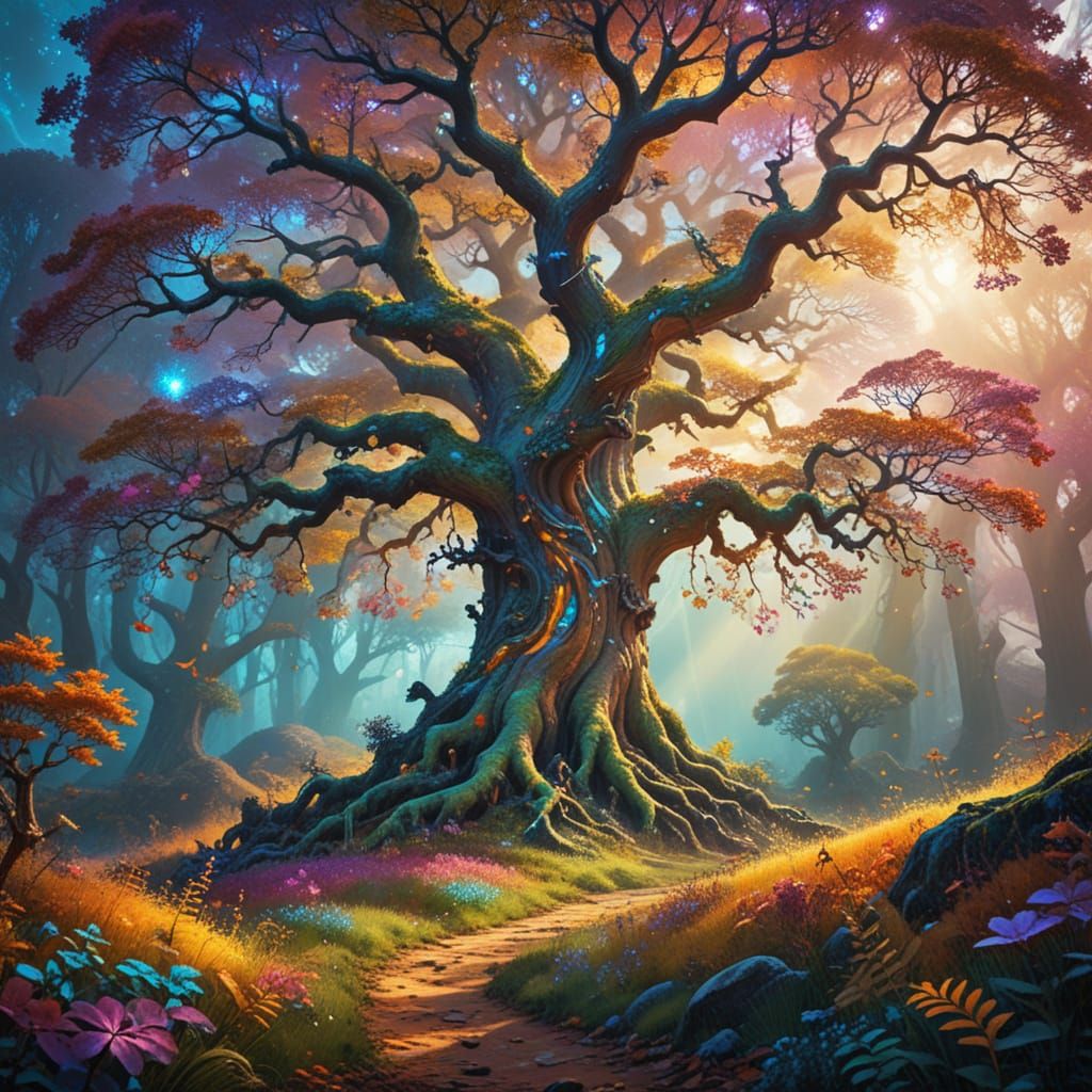 Majestic Oak Tree Radiates Whimsy in Vibrant Fantasy World