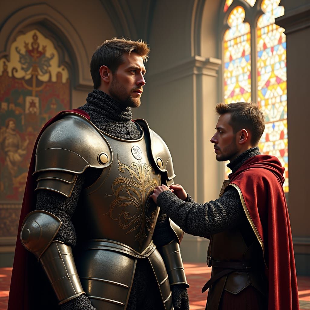 Regal Knight in Gothic Hall: Preparing for Battle
