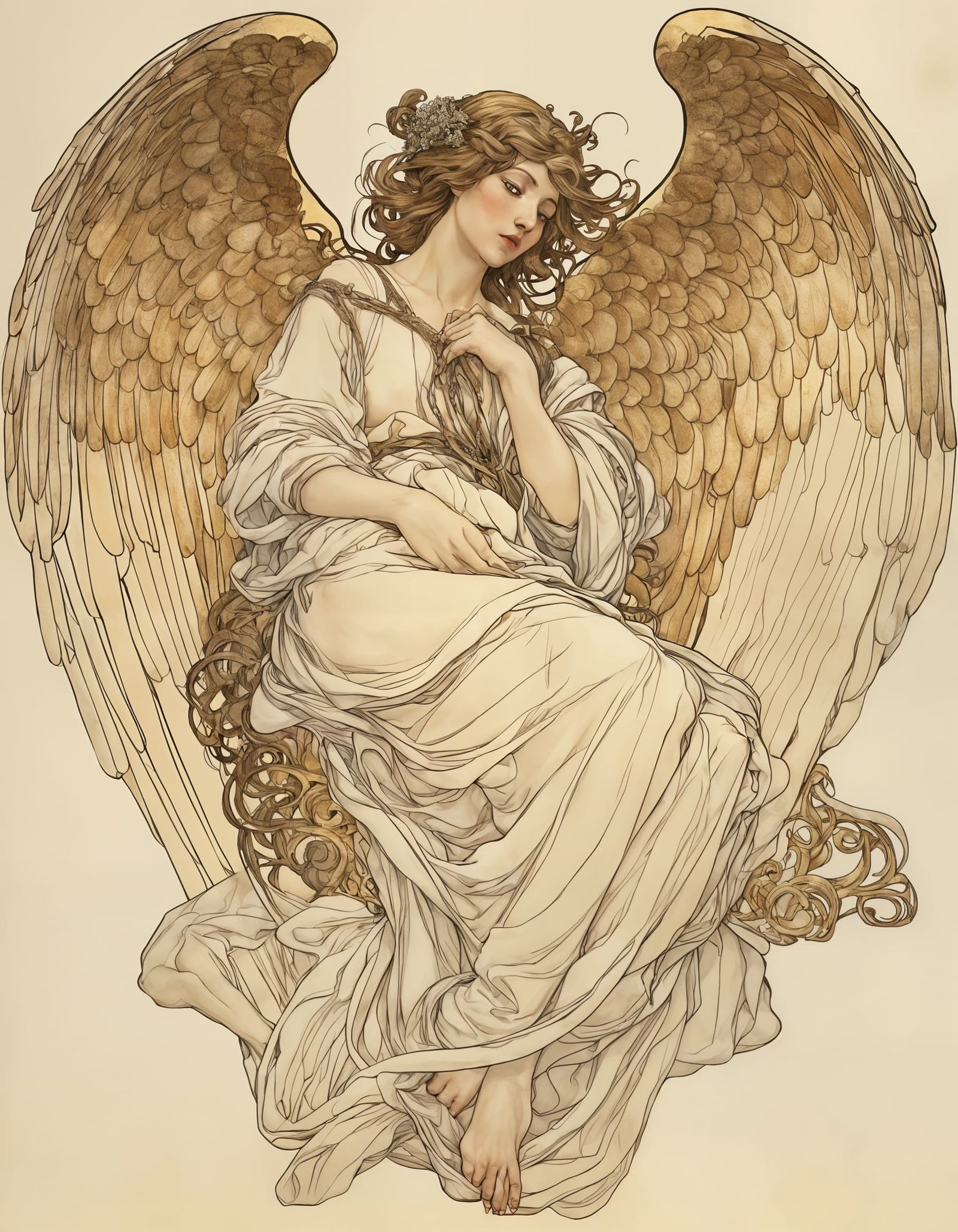 Ethereal Linework Angel with Golden Filigree