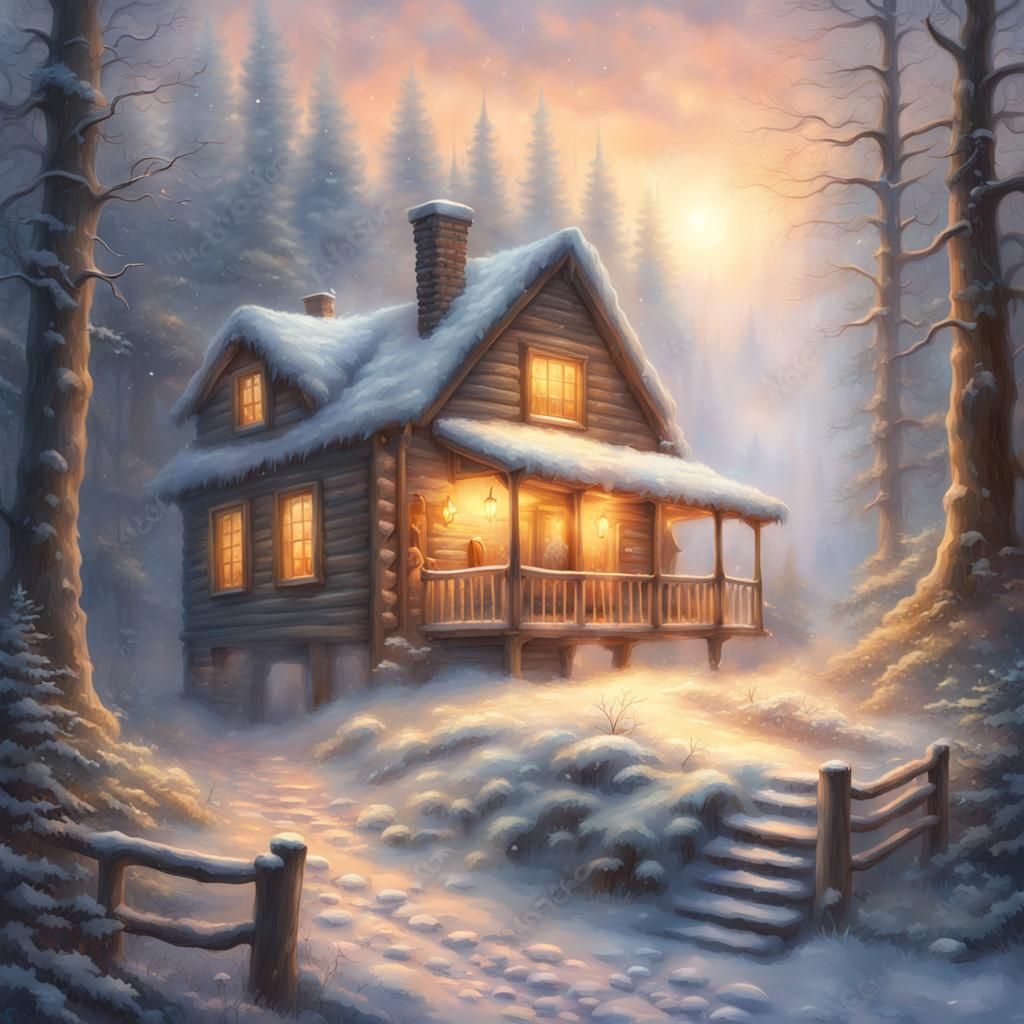 Cozy Cabin in Winter Forest: Digital Illustration