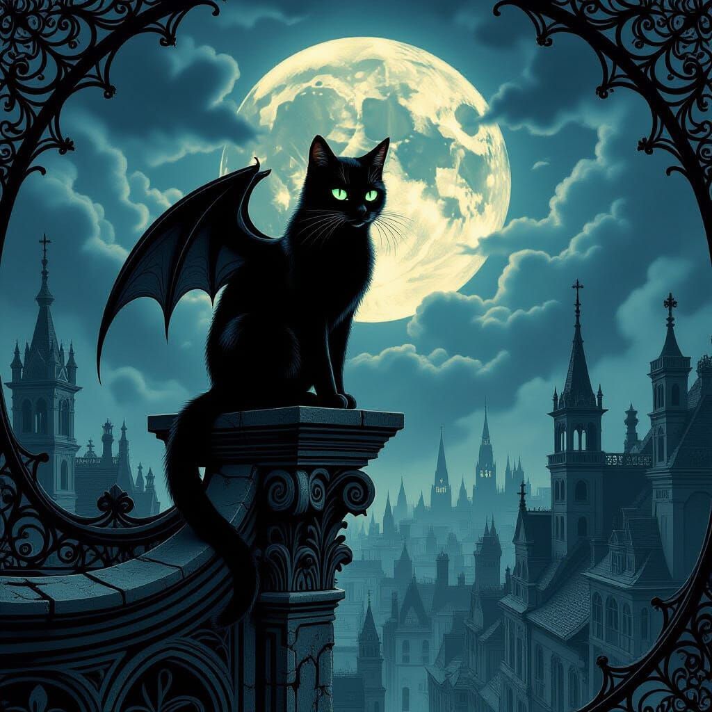 Gothic Black Cat on Gargoyle Under Moonlit Sky