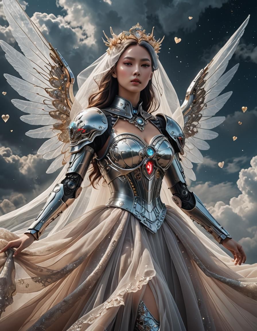 Android Angel in Tulle Dress on Cloudy Background