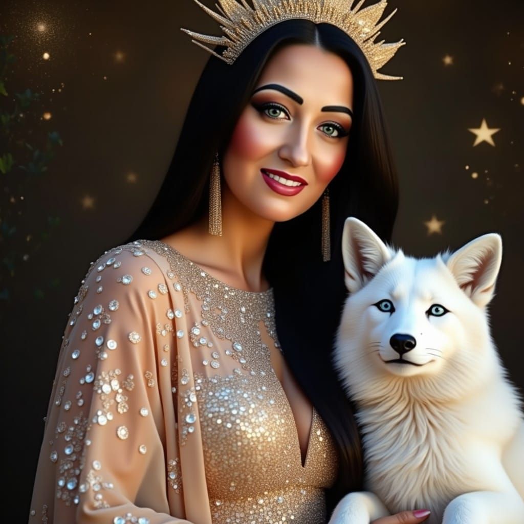 Elegant Polish Woman in Diamond Dress with Fox