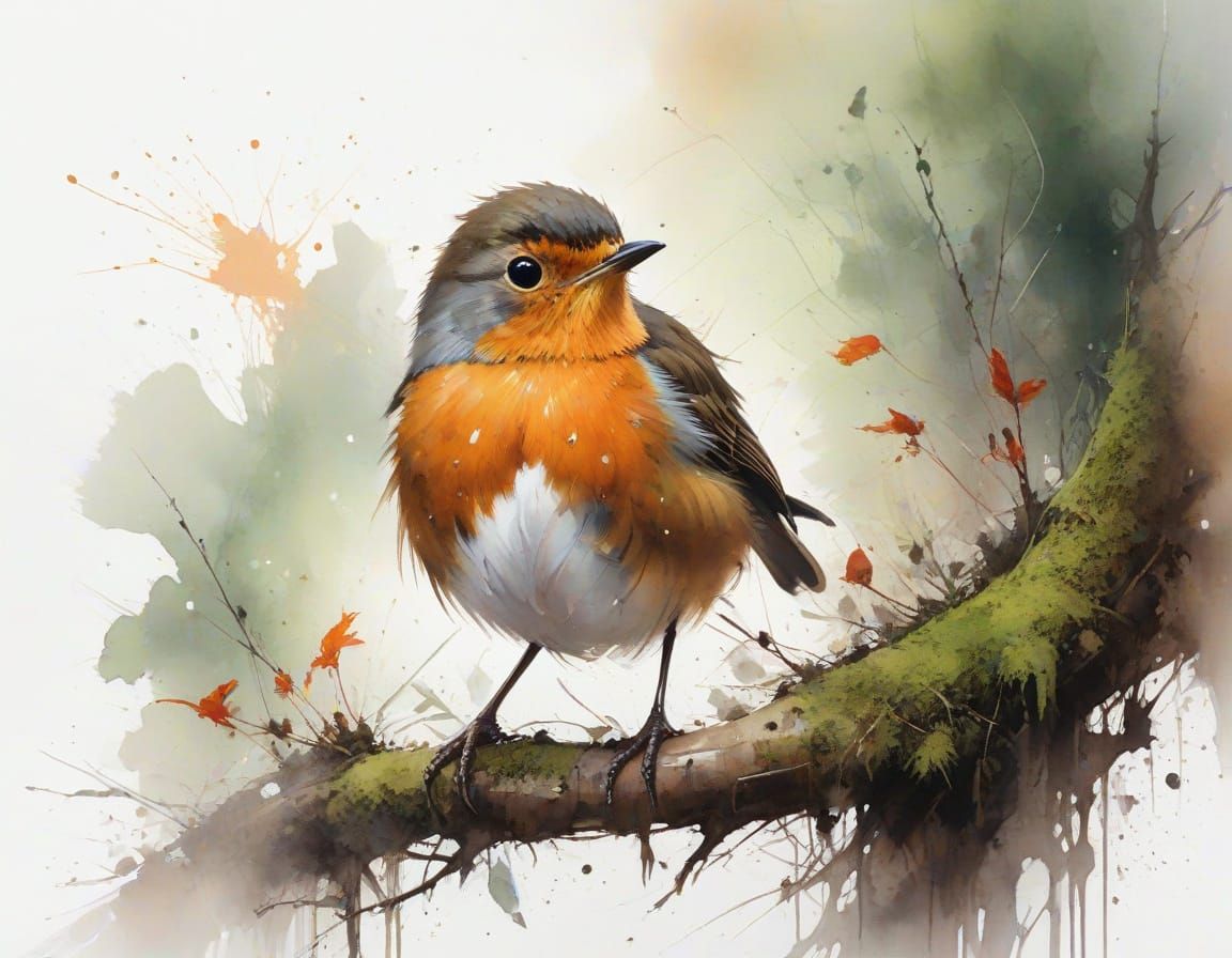 Robin Chick on Mossy Branch in Watercolour Style