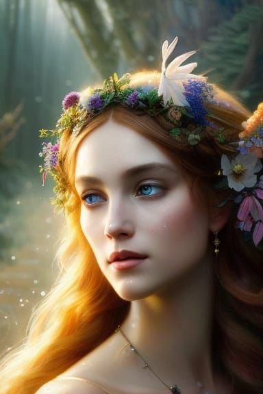 Wildflower Fairy Dancing in Rain, Detailed Portrait