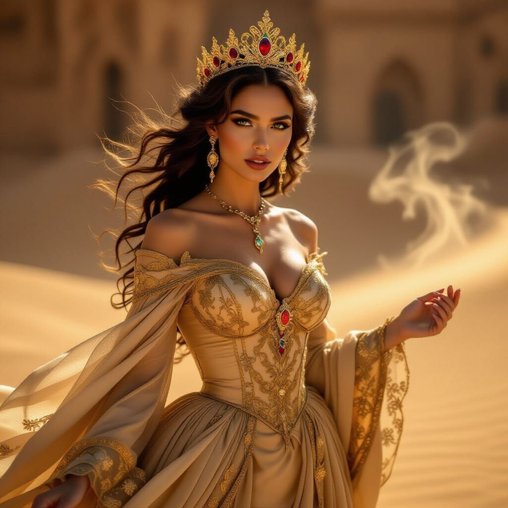 Victorian Desert Queen in Swirling Sand, Regal Fantasy Portr...