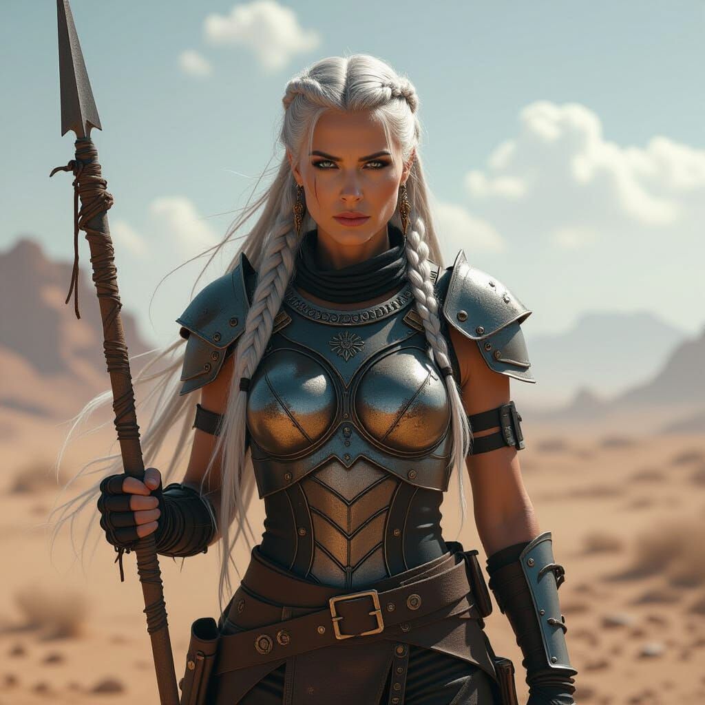 Wasteland Wanderer: Post-Apocalyptic Woman with Spear
