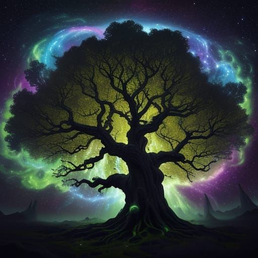 Ancient Oak Tree In Cosmic Nebula, Baroque Style